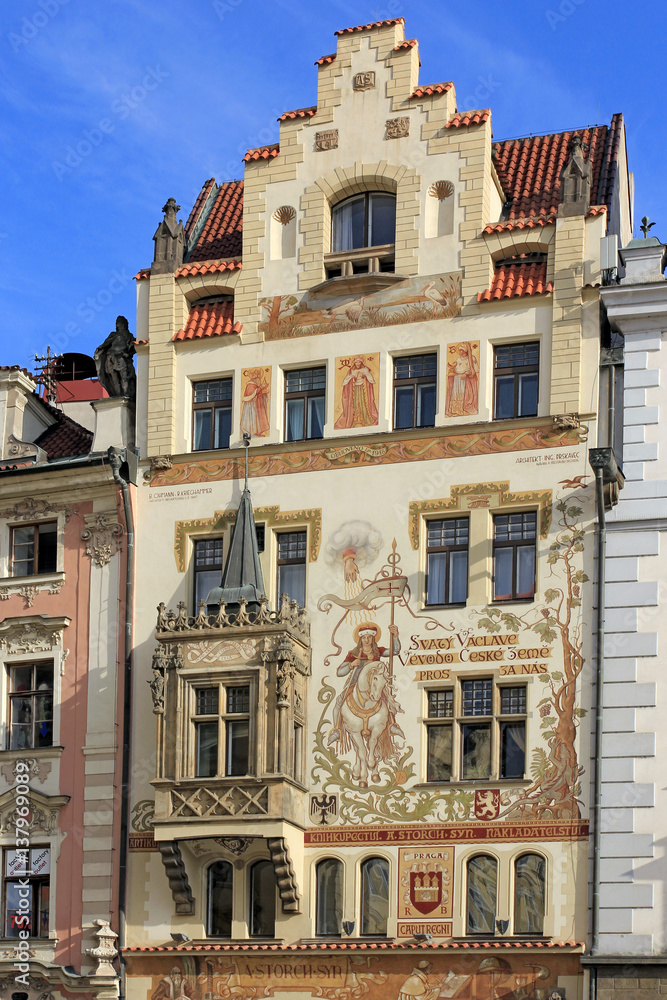 Stork House, also home to the stone Virgin on Old Town Square in Prague, Czech Republic