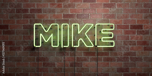 MIKE - fluorescent Neon tube Sign on brickwork - Front view - 3D rendered royalty free stock picture. Can be used for online banner ads and direct mailers..