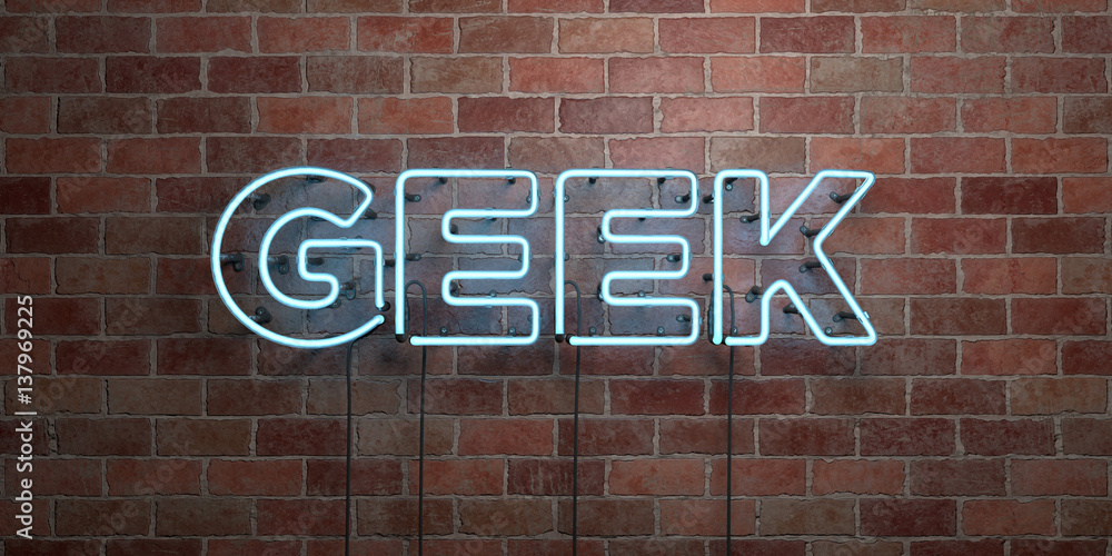 GEEK - fluorescent Neon tube Sign on brickwork - Front view - 3D rendered royalty free stock picture. Can be used for online banner ads and direct mailers.. - obrazy, fototapety, plakaty 