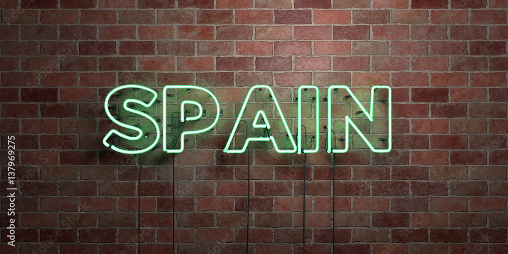 Obraz premium SPAIN - fluorescent Neon tube Sign on brickwork - Front view - 3D rendered royalty free stock picture. Can be used for online banner ads and direct mailers..