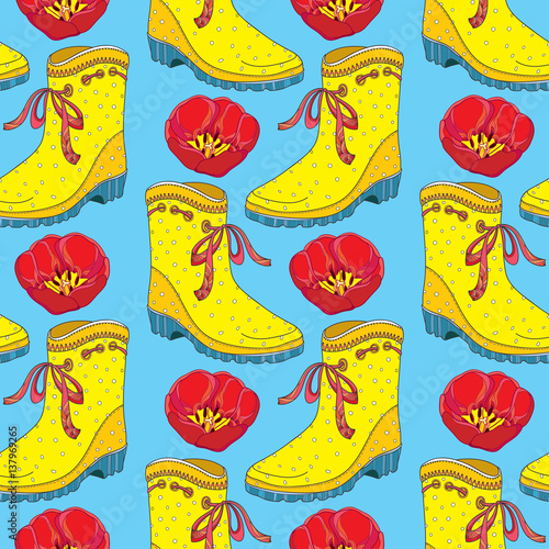 Vector seamless pattern with red tulips flower and yellow rubber boot with bow on the blue background. Floral background in contour style with tulip and gumboot for spring design.