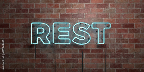 REST - fluorescent Neon tube Sign on brickwork - Front view - 3D rendered royalty free stock picture. Can be used for online banner ads and direct mailers.. photo