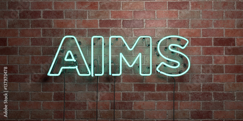 AIMS - fluorescent Neon tube Sign on brickwork - Front view - 3D rendered royalty free stock picture. Can be used for online banner ads and direct mailers..