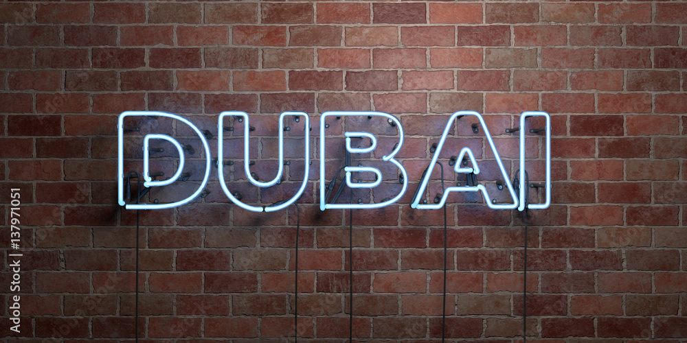 DUBAI - fluorescent Neon tube Sign on brickwork - Front view - 3D rendered royalty free stock picture. Can be used for online banner ads and direct mailers.. DUBAI - fluorescent Neon tube Sign on brickwork - Front view - 3D rendered royalty free stock picture. Can be used for online banner ads and direct mailers..