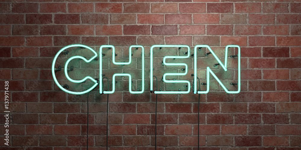 CHEN - fluorescent Neon tube Sign on brickwork - Front view - 3D rendered royalty free stock picture. Can be used for online banner ads and direct mailers.. CHEN - fluorescent Neon tube Sign on brickwork - Front view - 3D rendered royalty free stock picture. Can be used for online banner ads and direct mailers..