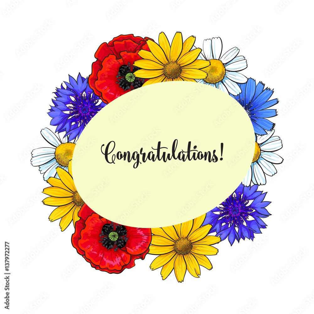 Greeting card, postcard template with a wreath of wild, field flowers, sketch vector illustration isolated on white background. Greeting card template with wreath of hand drawn realistic wild flowers Greeting card, postcard template with a wreath of wild, field flowers, sketch vector illustration isolated on white background. Greeting card template with wreath of hand drawn realistic wild flowers