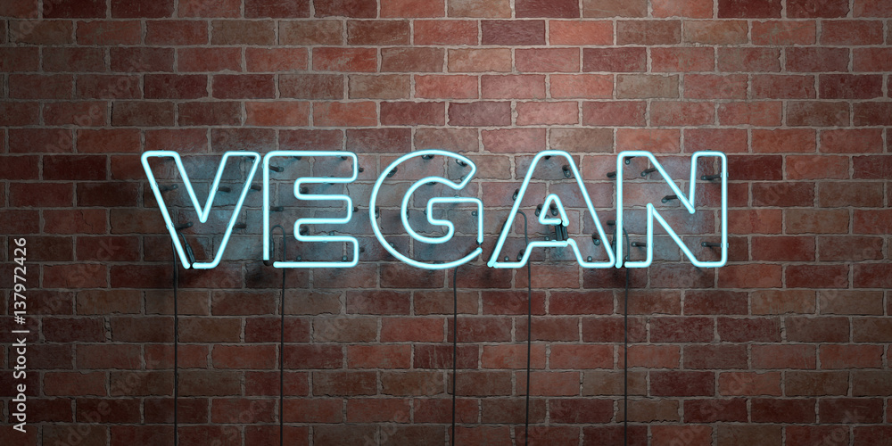 VEGAN - fluorescent Neon tube Sign on brickwork - Front view - 3D rendered royalty free stock picture. Can be used for online banner ads and direct mailers.. - obrazy, fototapety, plakaty 