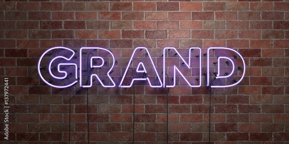 GRAND - fluorescent Neon tube Sign on brickwork - Front view - 3D rendered royalty free stock picture. Can be used for online banner ads and direct mailers.. GRAND - fluorescent Neon tube Sign on brickwork - Front view - 3D rendered royalty free stock picture. Can be used for online banner ads and direct mailers..