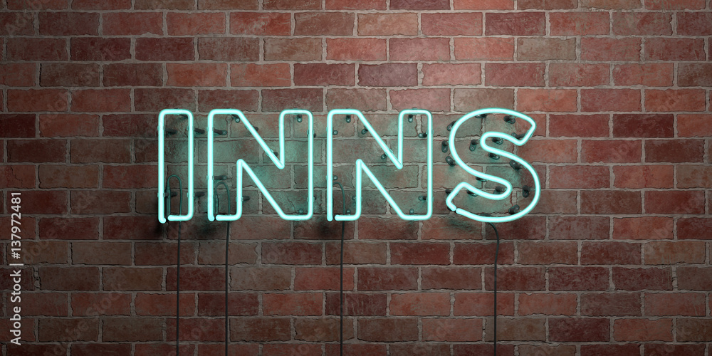 Fototapeta premium INNS - fluorescent Neon tube Sign on brickwork - Front view - 3D rendered royalty free stock picture. Can be used for online banner ads and direct mailers..