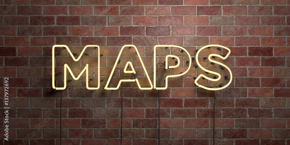 Obraz premium MAPS - fluorescent Neon tube Sign on brickwork - Front view - 3D rendered royalty free stock picture. Can be used for online banner ads and direct mailers..