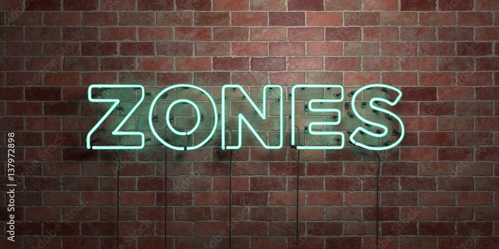 Obraz premium ZONES - fluorescent Neon tube Sign on brickwork - Front view - 3D rendered royalty free stock picture. Can be used for online banner ads and direct mailers..
