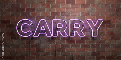 CARRY - fluorescent Neon tube Sign on brickwork - Front view - 3D rendered royalty free stock picture. Can be used for online banner ads and direct mailers..