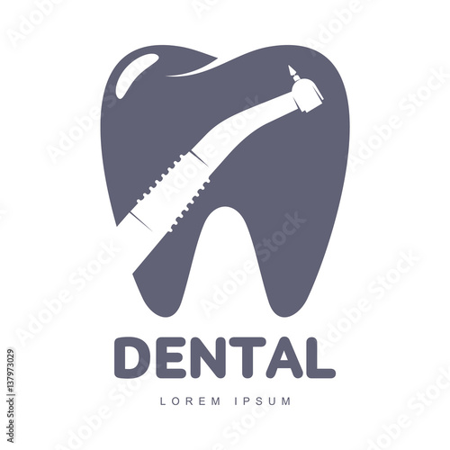Graphic, black and white tooth, dental care logo template with drill silhouette over tooth shape, vector illustration isolated on white background. Tooth, dental care logotype, logo design