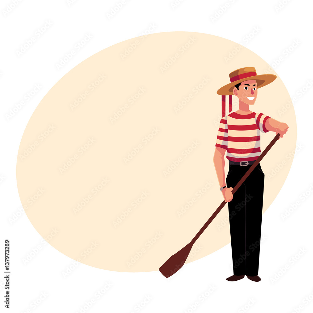 Vektorová grafika „Full length portrait of young Italian, Venetian gondolier  in typical clothes, cartoon vector illustration with place for text.  Italian gondolier in traditional clothing, tourist attraction“ ze služby  Stock | Adobe