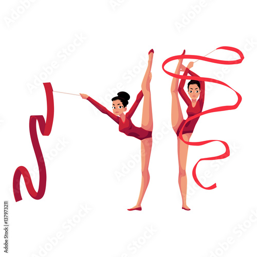 Two rhythmic gymnasts in leotards standing in vertical leg split, exercising with ribbon, cartoon vector illustration isolated on white background. Couple of rhythmic gymnasts exercising with ribbon