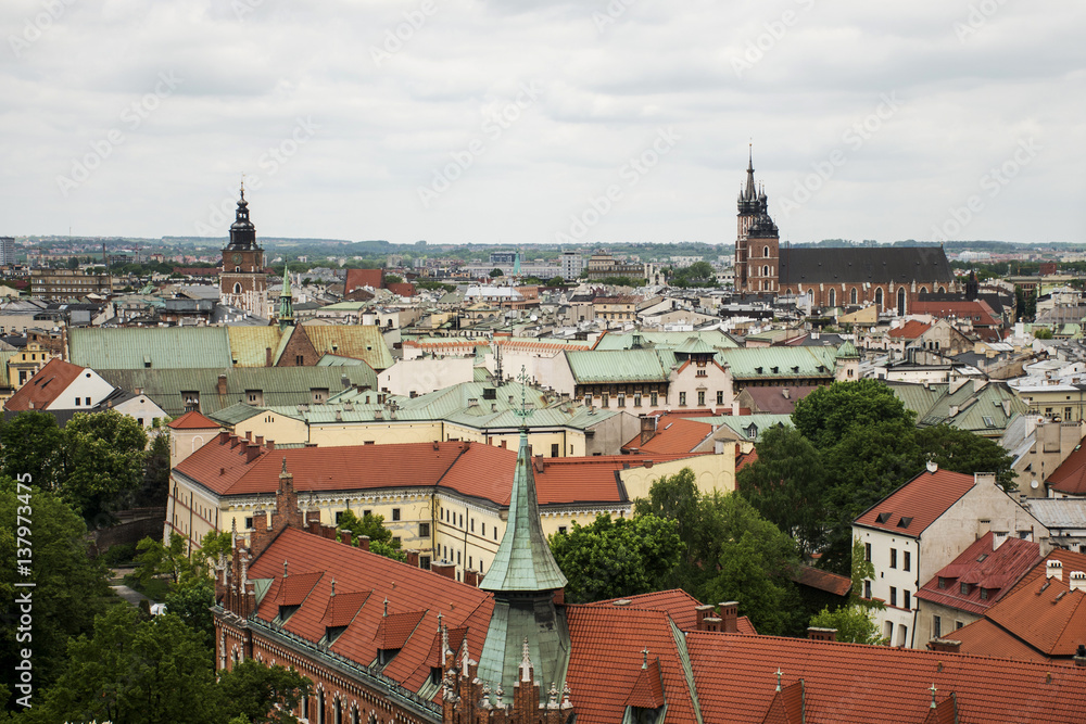 Aerial view Krakow Poland - Church St. Mary and roof of city