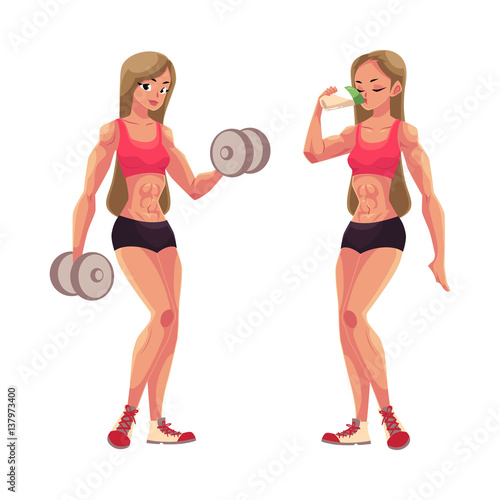 Woman bodybuilder, weightlifter working out with dumbbells and drinking protein shake, cartoon vector illustration isolated on white background. Woman bodybuilder with dumbbells and drinking protein