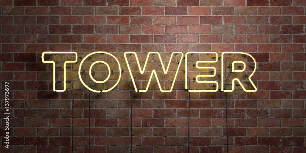 TOWER - fluorescent Neon tube Sign on brickwork - Front view - 3D rendered royalty free stock picture. Can be used for online banner ads and direct mailers.. TOWER - fluorescent Neon tube Sign on brickwork - Front view - 3D rendered royalty free stock picture. Can be used for online banner ads and direct mailers..