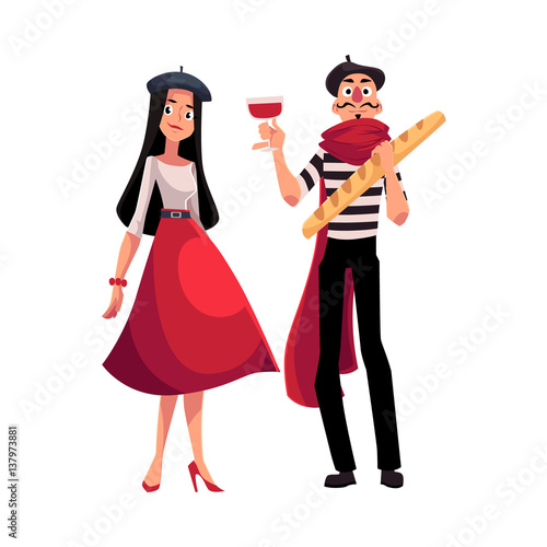 Couple of French characters, woman dressed in Parisian style, mime with wine and baguette, cartoon vector illustration isolated on white background. Typical French characters, fashionmonger and mime