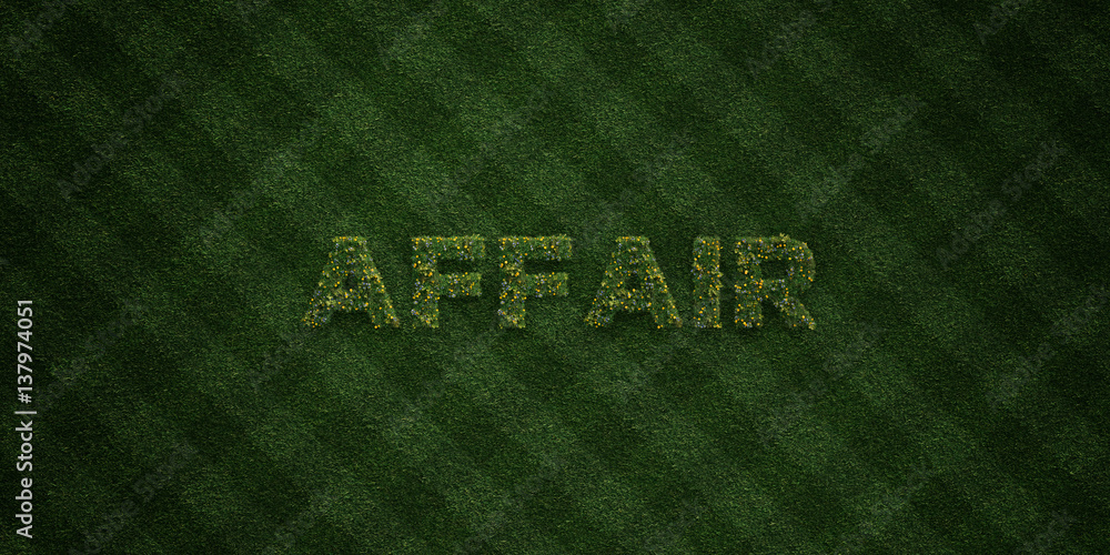 AFFAIR - fresh Grass letters with flowers and dandelions - 3D rendered royalty free stock image. Can be used for online banner ads and direct mailers.. AFFAIR - fresh Grass letters with flowers and dandelions - 3D rendered royalty free stock image. Can be used for online banner ads and direct mailers..
