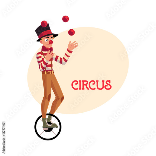 Funny clown juggling balls while riding unicycle, one wheeled bicycle, cartoon vector illustration with place for text. Circus ball juggler and equilibrist balancing on unicycle