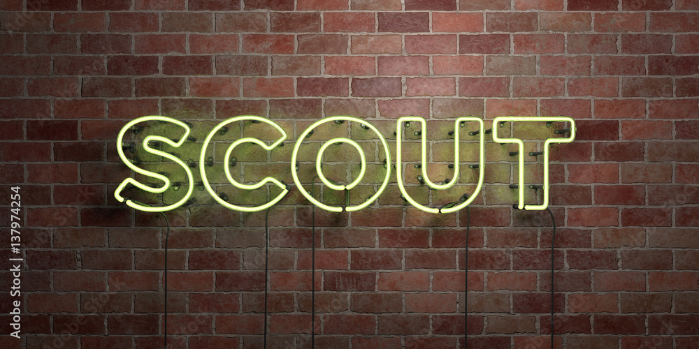 Obraz premium SCOUT - fluorescent Neon tube Sign on brickwork - Front view - 3D rendered royalty free stock picture. Can be used for online banner ads and direct mailers..