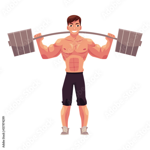 Man bodybuilder, weightlifter working out, training with barbell, cartoon vector illustration isolated on white background. Front view full length portrait of man bodybuilder standing with barbell