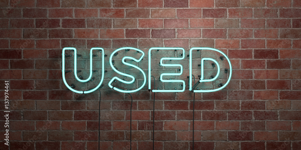 Obraz premium USED - fluorescent Neon tube Sign on brickwork - Front view - 3D rendered royalty free stock picture. Can be used for online banner ads and direct mailers..