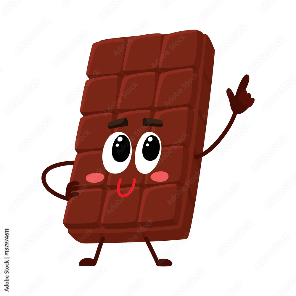 Cute chocolate bar character with funny face, speaking and pointing up,  cartoon vector illustration isolated on white background. Funny chocolate  character, mascot, emoticon Stock Vector | Adobe Stock