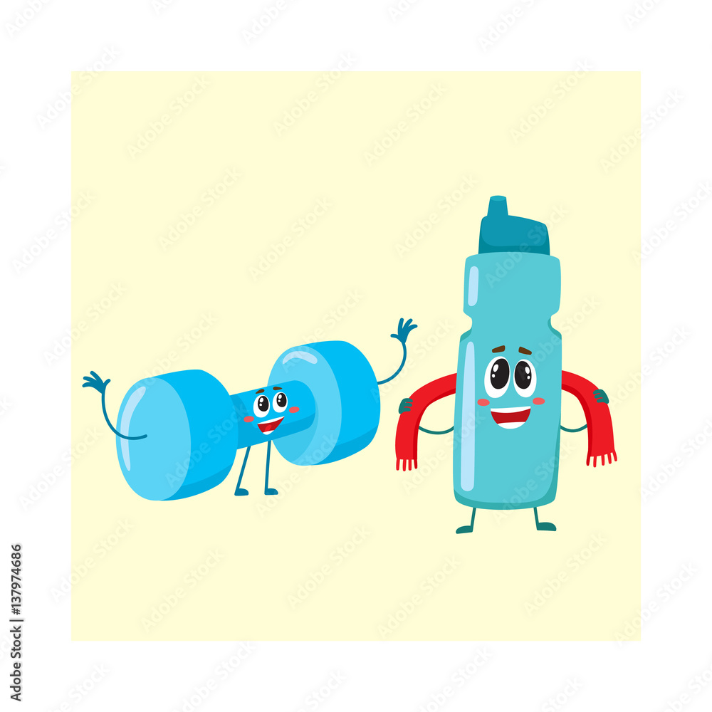Funny dumbbell and protein shake bottle characters with smiling human  faces, gym equipment, cartoon vector illustration isolated on white  background. Smiling dumbbell and protein shaker characters Stock Vector