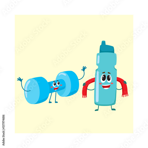 Funny smiling protein shaker bottle character with a towel, Stock vector