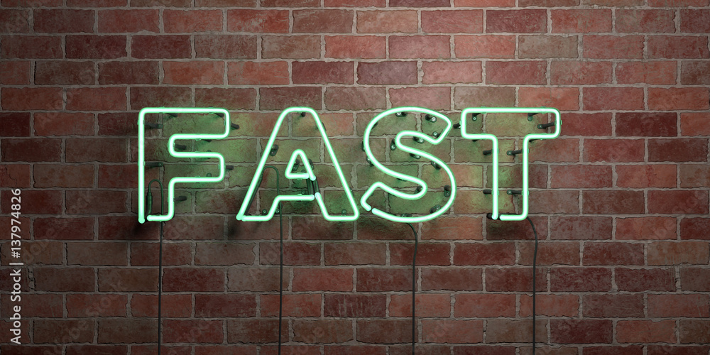 Obraz premium FAST - fluorescent Neon tube Sign on brickwork - Front view - 3D rendered royalty free stock picture. Can be used for online banner ads and direct mailers..