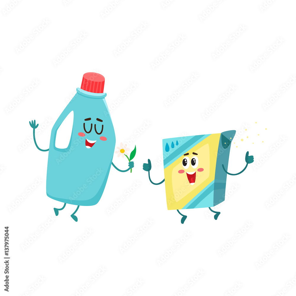 Funny detergent bottle and washing powder characters with smiling human ...