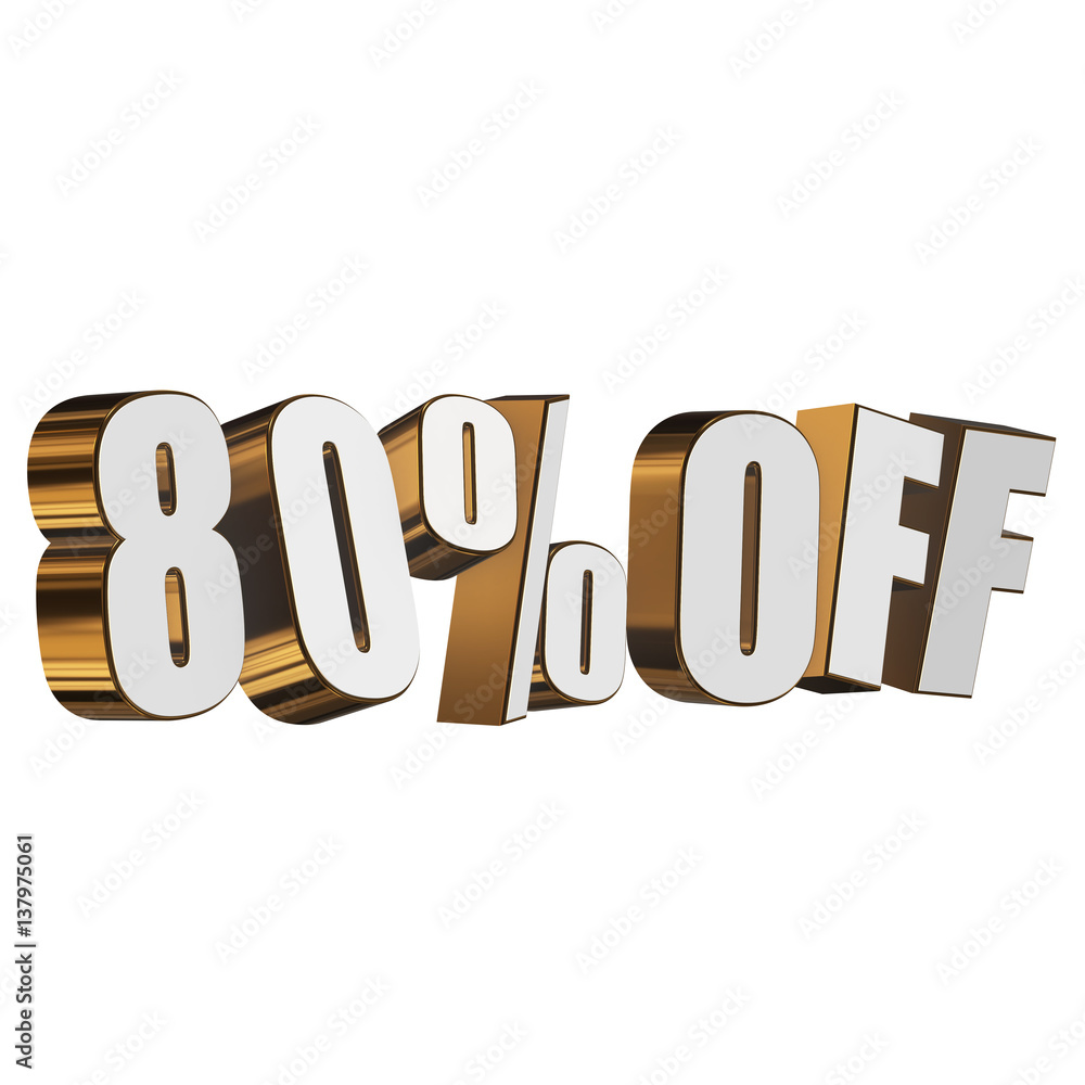 80 percent off letters on white background. 3d render isolated. 80 percent off letters on white background. 3d render isolated.