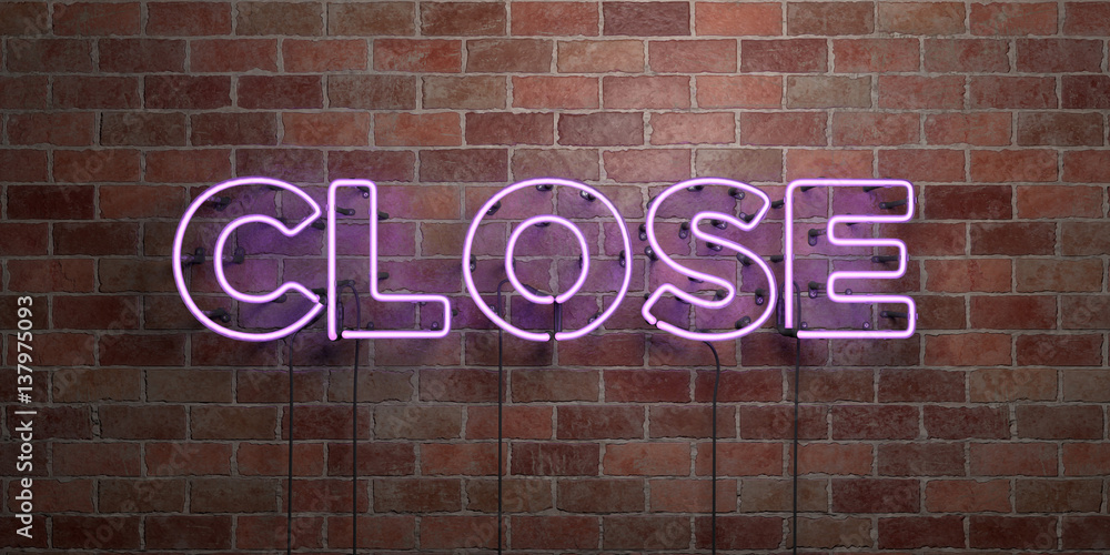 Obraz premium CLOSE - fluorescent Neon tube Sign on brickwork - Front view - 3D rendered royalty free stock picture. Can be used for online banner ads and direct mailers..