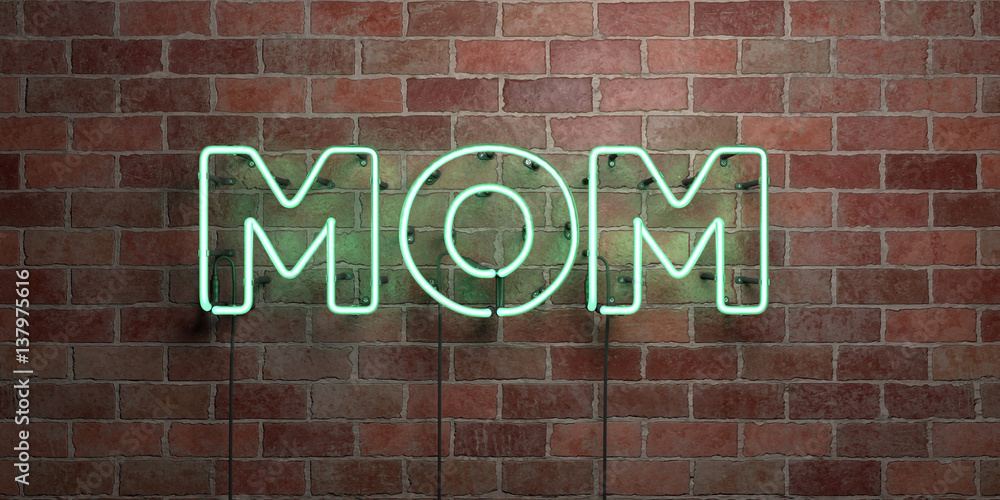 Fototapeta premium MOM - fluorescent Neon tube Sign on brickwork - Front view - 3D rendered royalty free stock picture. Can be used for online banner ads and direct mailers..