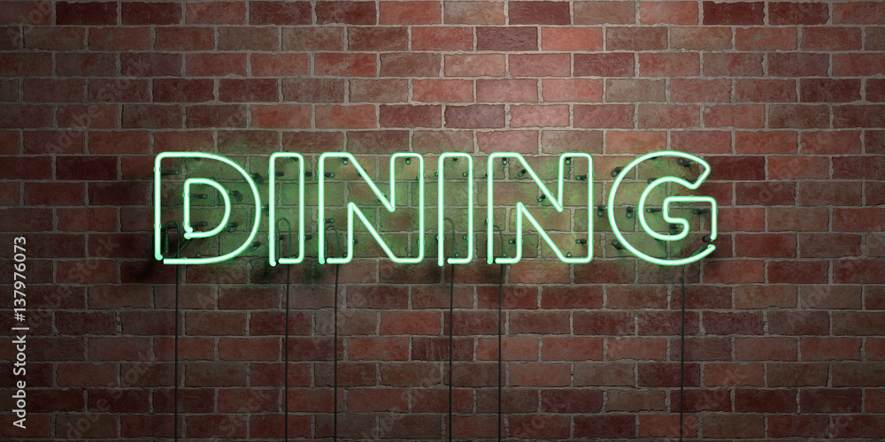 DINING - fluorescent Neon tube Sign on brickwork - Front view - 3D rendered royalty free stock picture. Can be used for online banner ads and direct mailers.. DINING - fluorescent Neon tube Sign on brickwork - Front view - 3D rendered royalty free stock picture. Can be used for online banner ads and direct mailers..