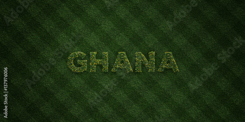 GHANA - fresh Grass letters with flowers and dandelions - 3D rendered royalty free stock image. Can be used for online banner ads and direct mailers..