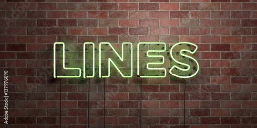 LINES - fluorescent Neon tube Sign on brickwork - Front view - 3D rendered royalty free stock picture. Can be used for online banner ads and direct mailers..
