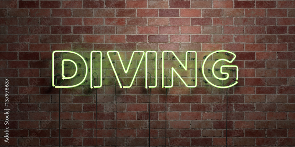 Obraz premium DIVING - fluorescent Neon tube Sign on brickwork - Front view - 3D rendered royalty free stock picture. Can be used for online banner ads and direct mailers..