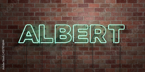 ALBERT - fluorescent Neon tube Sign on brickwork - Front view - 3D rendered royalty free stock picture. Can be used for online banner ads and direct mailers..
