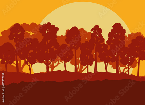 Mystical forest landscape sunset vector background vintage and retro style
