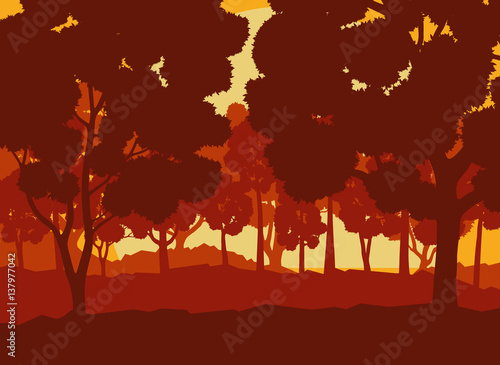 Mystical forest landscape sunset vector background vintage and retro style