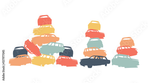 Damaged car pile in wrecking yard colorful vector background isolated