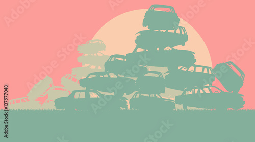 Cars in salvage junkyard in evening with sunset vector