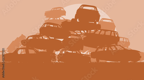 Cars in salvage junkyard in evening with sunset vector photo