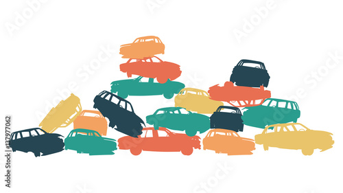 Damaged car pile in wrecking yard colorful vector background isolated
