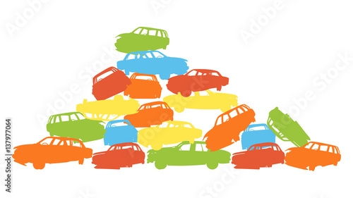 Damaged car pile in wrecking yard colorful vector background isolated