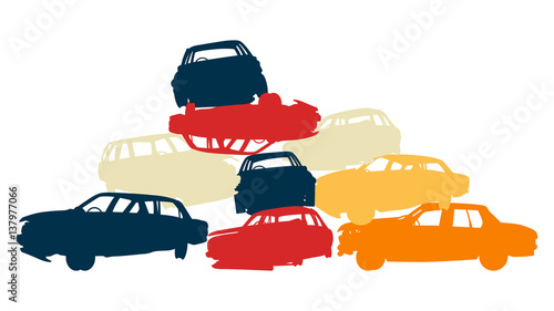 Damaged car pile in wrecking yard colorful vector background isolated