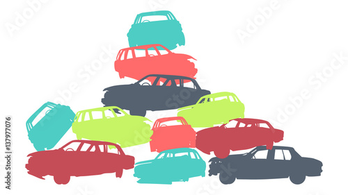 Damaged car pile in wrecking yard colorful vector background isolated